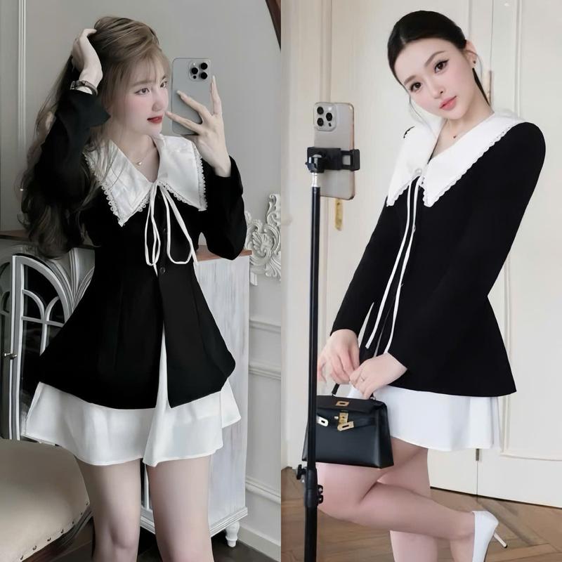 Set váy nữ áo nhung dài tay thiết kế cổ bẽ phối ren thắt nơ mix chân váy cotton lạnh form ngắn xinh xắn dành cho nàng di chơi. Women Top 0