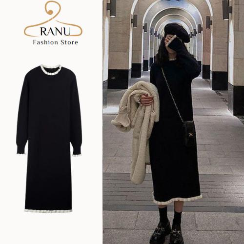 Váy suông dáng dài,Đầm maxi dài tay bèo trắng trơn basic cổ tròn lọ vải thun tăm co giãn dày dặn phong cách Hàn Quốc Nữ Khuy dress