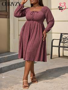 CURVZY Plus Size Plain Bishop Sleeve Tie Front Ribbed Dress, Casual Long Sleeve Square Neck A Line Dress for Autumn & Winter, Fall & Winter Clothes