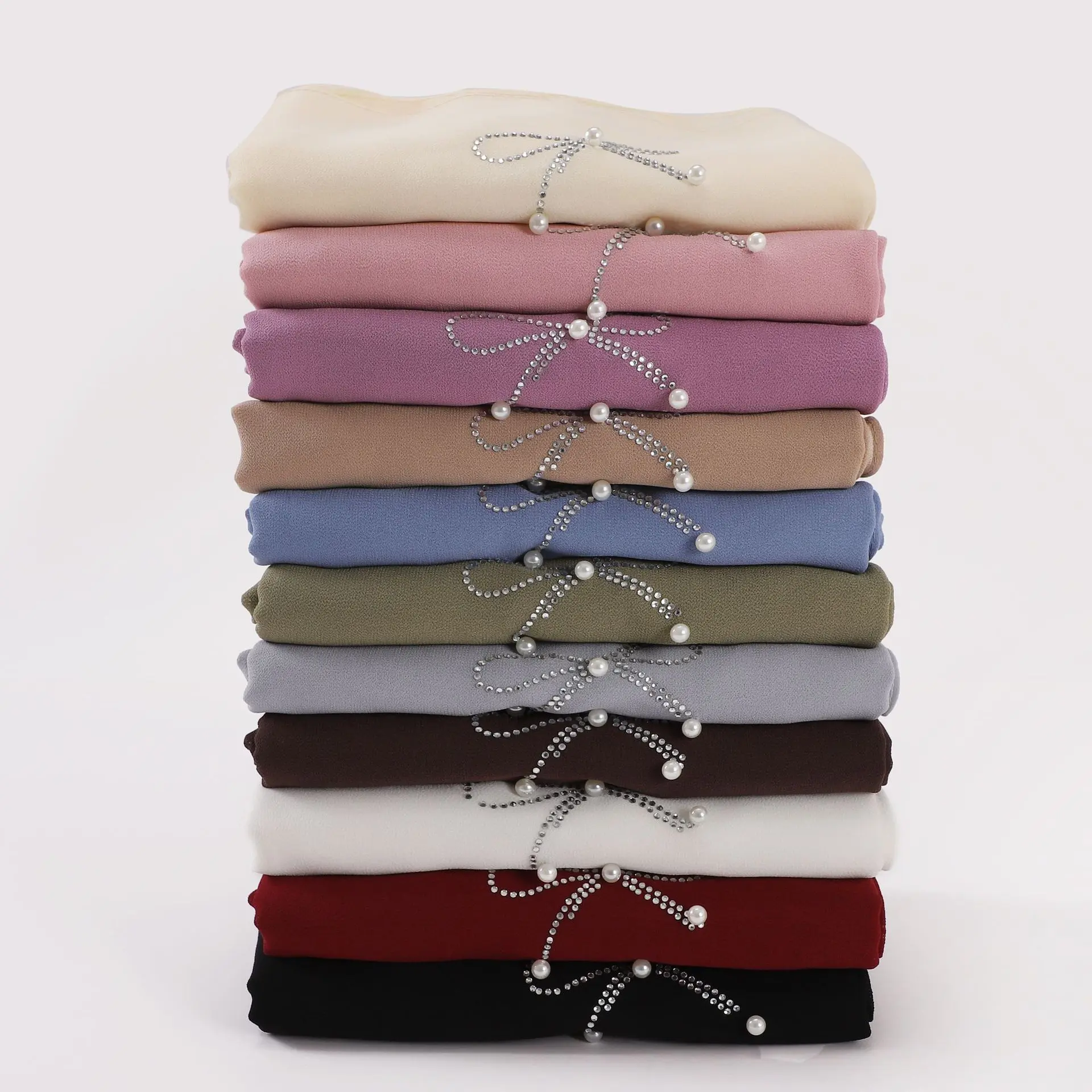 Live Cross-Border New Pearl Chiffon Butterfly Bow Hot Drilling Pearl Long Scarf Hui Ethnic Scarf Small Fresh Headscarf Female