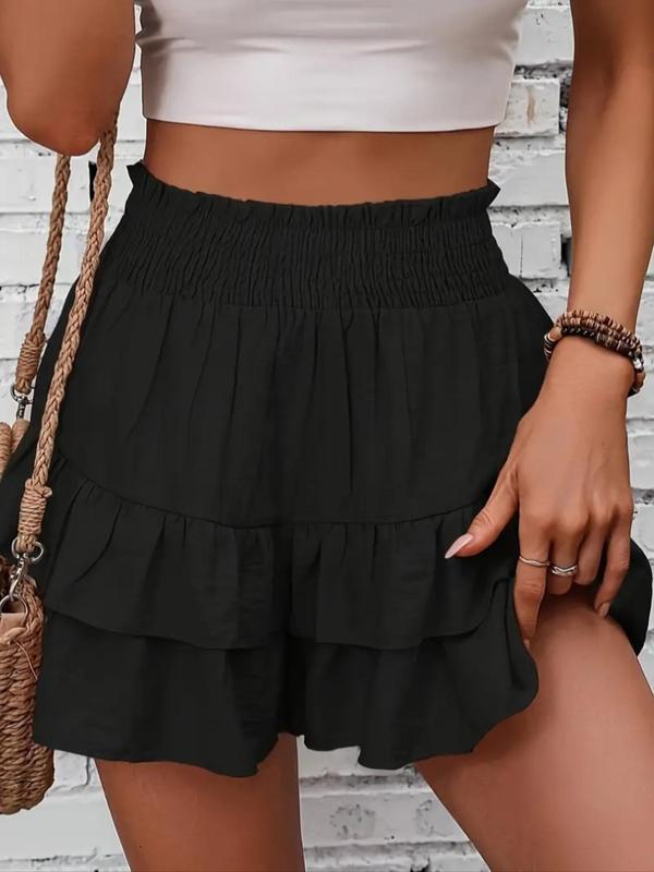 Women's Frill Trim Ruffle Hem Shirred Shorts, Boho Casual Shorts for Spring & Summer, Summer Shorts for Women, Back To School, Ladies Elegance Minimalist Shorts, Wide Leg Shorts for Women, Ruffle Shorts, Going Out Bottoms 1