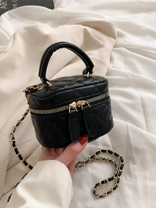 Fashion Quilted Embroidered Handbag, Plain PU Leather Zipper Crossbody Bag with Chain Strap, Bucket Bag for Work Travel 0