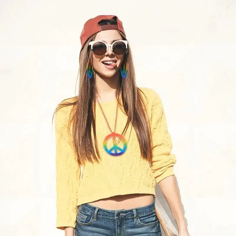 1 Set Hippie Costume Jewelry Set 60s 70s Rainbow Peace Sign Pendant Necklace Earring Decoration Gift For Friend Sister