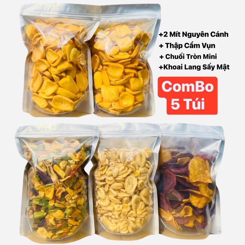 Combo 23: 2 mít sấy nguyên B ,1 thập cẩm vụn , 1 chuối sấy vụn , 1 khoai lang…