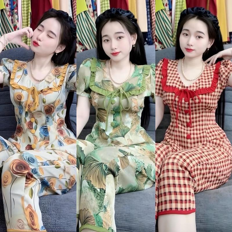 Đồ Bộ 9 tất Lụa Mango cổ bèo - Women Top Tay Loe Nhung Ong Áo Ống Loe Sọc Kẻ Voi Nho set đồ Sen