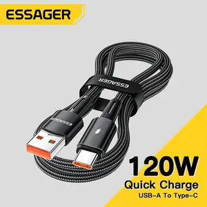 Essager 120W Super Fast Charge Type-C Cable 6A Quick Charge USB Cable For Xiaomi 12Pro K50 67W Fast Charge Wire For Xiaomi 11Pro Black Charger Kabel kabel  data