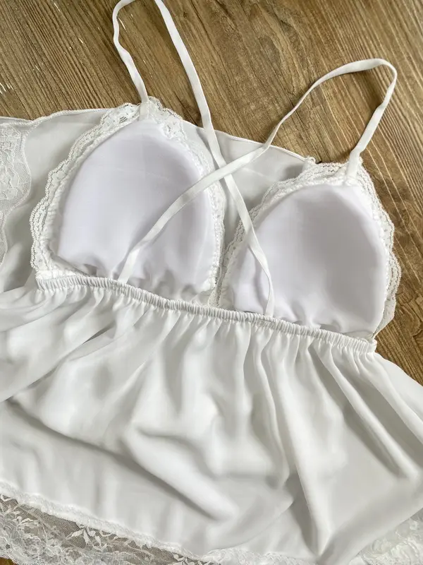 [Ren đùi Bigsize] Đùi Von Ren Trắng dây chéo lưng, kèm mút lót, chất liệu Voan xuyên thấu, mềm mát freesize dễ mặc, tôn dáng. Đa dạng màu sắc lựa chọn, làm đồ ngủ, đồ bộ cực xinh. Kem Women Nữ Áo Top 1