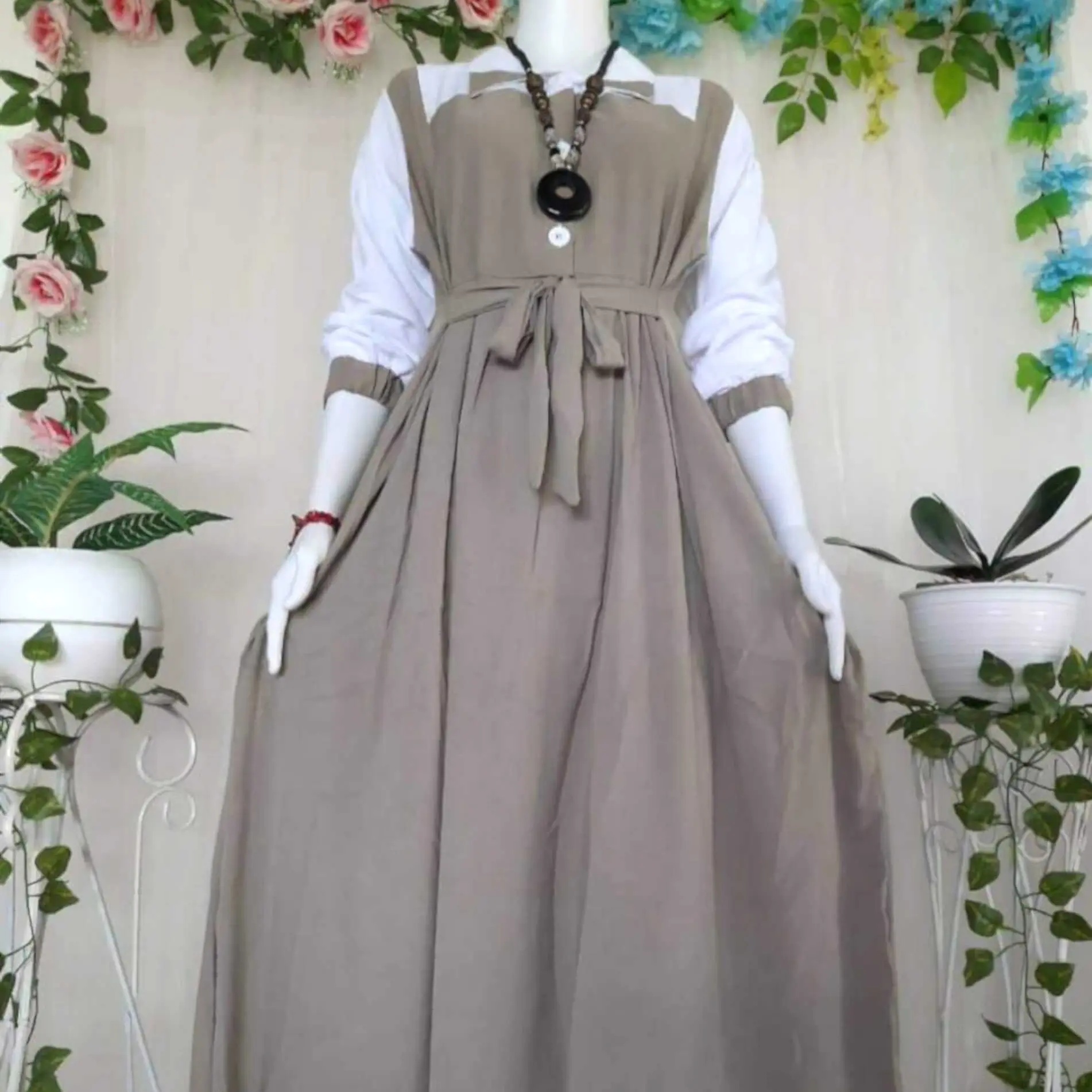 Aisyah Dress Overall Wanita Terbaru Kekinian Polos Variasi Kancing Depan & Tali Pinggang Aktip Gamis Crepe Muslim Panjang