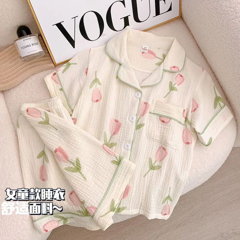 Bộ Đồ Ngủ Hoa Tulip Ngọt Ngào Cho Trẻ Em, Cho Bé Gái Lớn, Hàng Mới Về Mùa Hè, ngắn Tay, Bộ Áo Cardigan Bé Gái, Đồ Mặc Nhà, Có Thể Mặc Ngoài Trời, Năm 2025