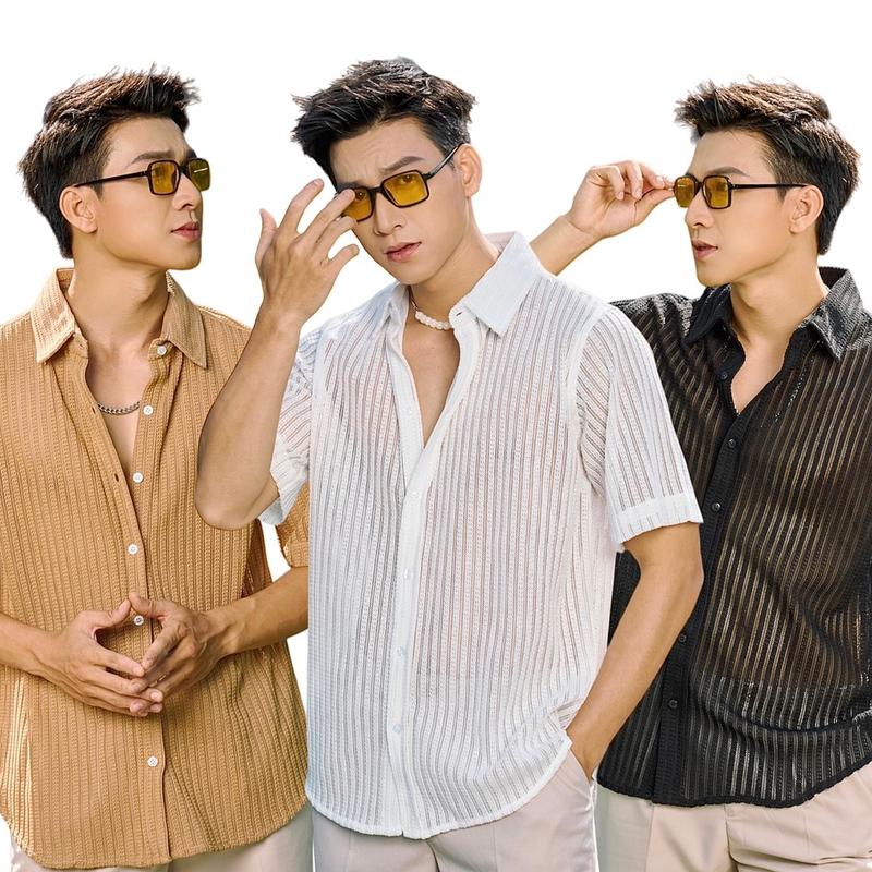 Áo Sơ Mi Nam Tay Ngắn Xuyên Thấu Màu Đen/Trắng/Nâu Vải Cotton Sợi Bông Thương Hiệu Mr Twins Menswear Cổ Tròn