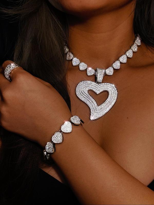 Luxury Rhinestone Decorated Heart Design Necklace & Bracelet (2pcs/set), Gorgeous Fashion Jewelry Set for Women & Girls, Elegant All-match Fashion Accessories for Daily Wear, Mother's Day Gift 0