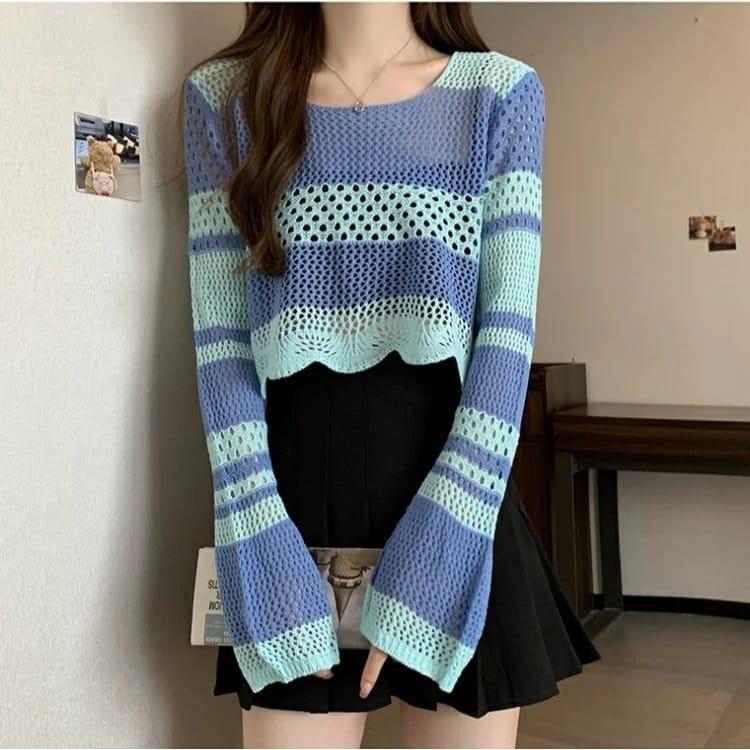 Vilave Atasan Blouse Wanita Hollow Knitted Korean Style Top Import J1221 0