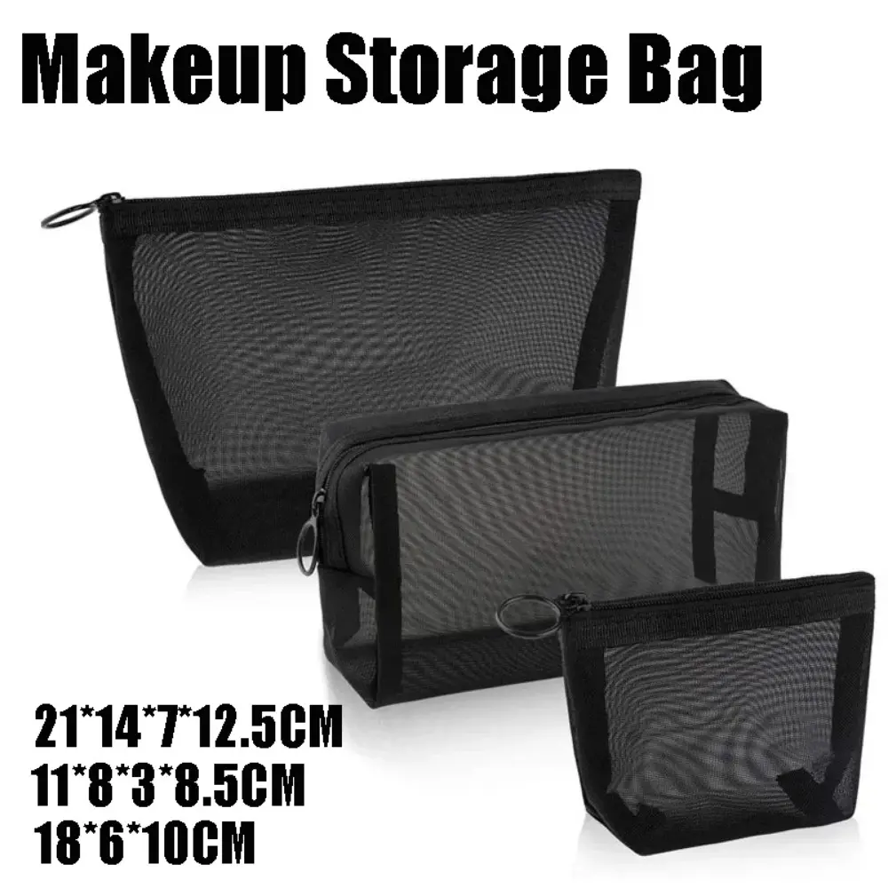 3 PCS/Set Black Mesh Makeup Storage Bag - Portable Cosmetic Organizer Bag with Zipper - Toiletry Pouch for Home, Office, Travel( 21*14*7*12.5CM/18*6*10CM/11*8*3*8.5CM)