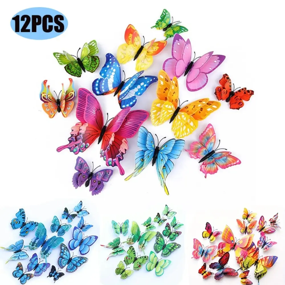 Miếng Miếng Dán Tường 3D Hình Bướm Hai Lớp Màu Hỗn Hợp, 12 Miếng, Để Đồ Trang Trí Đám Cưới, Bướm Nam Châm, Decal Can Tủ Lạnh, Trang Trí Phòng