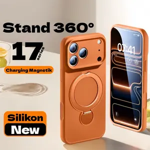 Casing Silikon Lembut Stand 360° - Charging Magnetik Anti Benturan Anti Sidik Jari Case For iPhone 17 Pro Max Magnetic Shockproof Cover Silicone