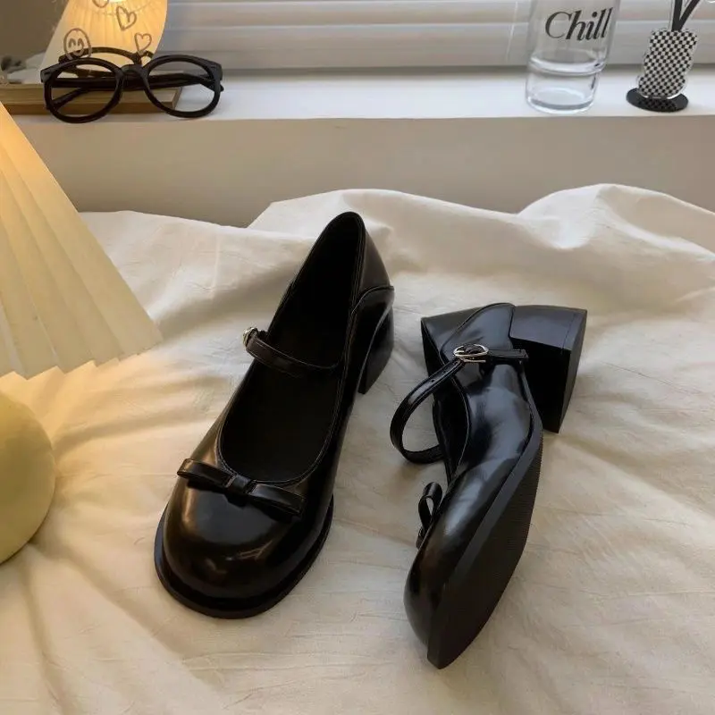 French Style Round Toe Mary Jane Women's Shoes Thick Heel Bowknot One-Strap Shallow Mouth Single Shoes New Chinese Style Shoes Cheongsam Fasciitis