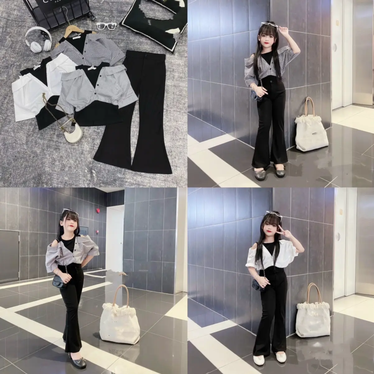Sét sơ mi hở vai cho bé mic quần loe  Size 18-45kg