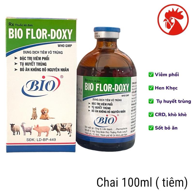 Chai Bio Flo Doxy 100ml tiêm trị hô hấp , viêm phổi, tụ huyết trùng, sốt bỏ ăn, viêm khớp, viêm vú, viêm tử cung trên trâu, bò, dê, cừu, chó, mèo, gà tre, gà nòi. Vietnam. Bio Flor Doxy