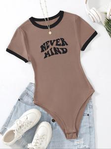 Body de cuello redondo con estampado de letras para mujer, body casual ajustado de manga corta para uso diario, ropa de damas para todas las estaciones