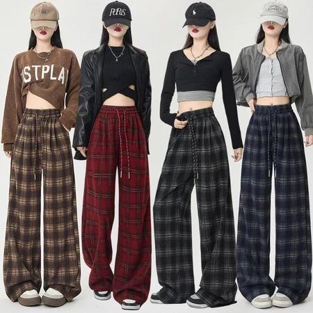 Quần Suông Ống Rộng Nữ Kẻ Caro Cạp Cao Lưng Chun Quần Xuông Chất Umi Co Giãn Mềm Mịn Hottrend Đen Nâu Đỏ Xanh Than