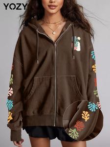 YOZY Women's Leaf Print Zip Up Hoodie, Casual Long Sleeve Drawstring Pocket Hooded Sweatshirt for Fall & Winter, Women's Clothes for Daily Wear