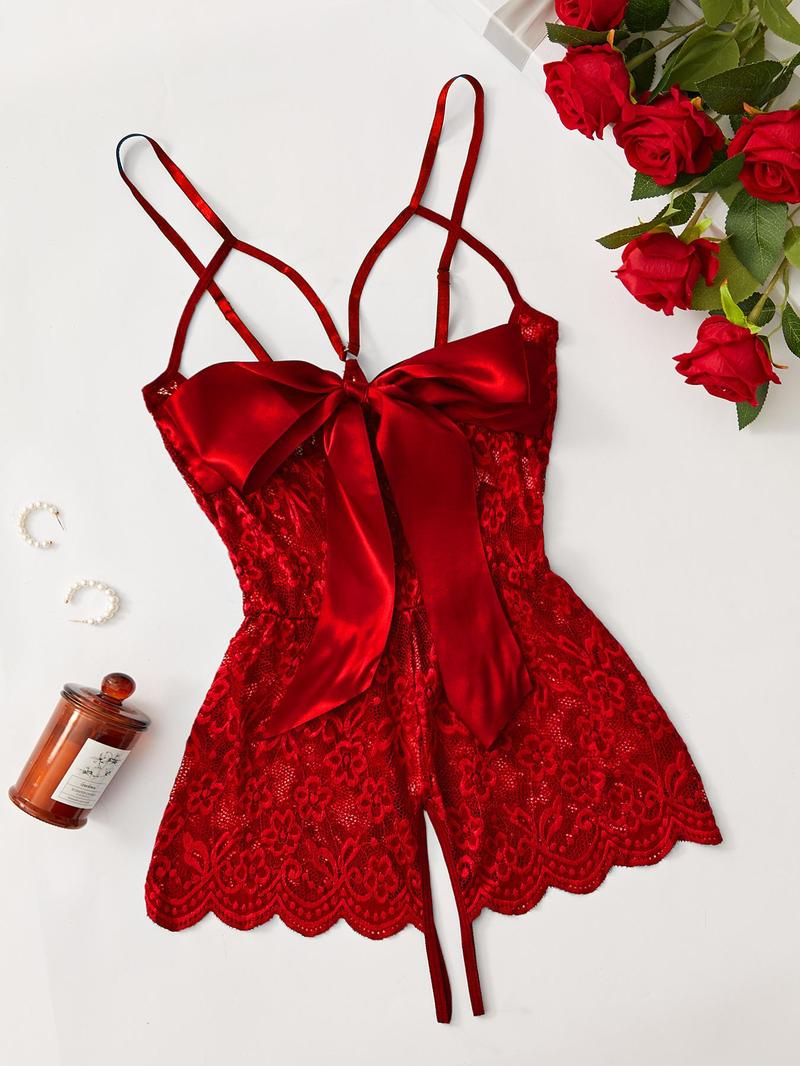 Product Introduction of Women's Floral Lace Bow Decor Sexy Cami Bodysuit, Sleeveless Bodysuit for Daily Wear, Ladies Sexy Lingerie for All Seasons 5