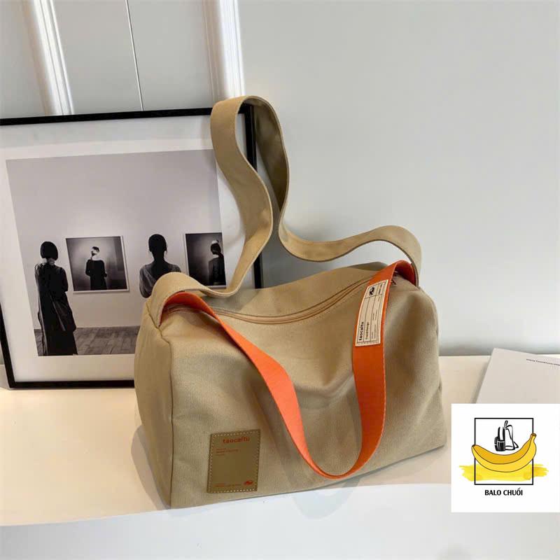 Túi đeo chéo vải canvas trống đi học unisex nam nữ đựng vừa a4 du lịch phong cách vintage hàn quốc Đeo Vai Len Kem