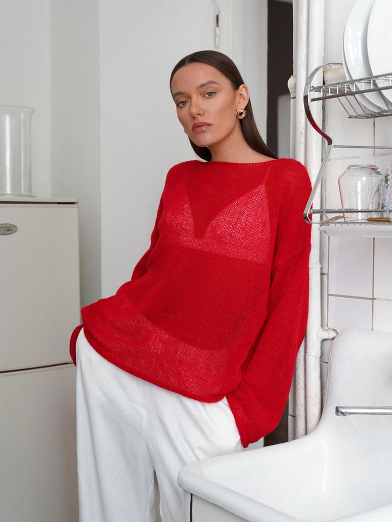 Product Introduction of Women's Plain Sheer Drop Shoulder Sweater, Casual Long Sleeve Boat Neck Jumper for Spring & Fall, Fashion Women's Knitwear for Daily Wear 11
