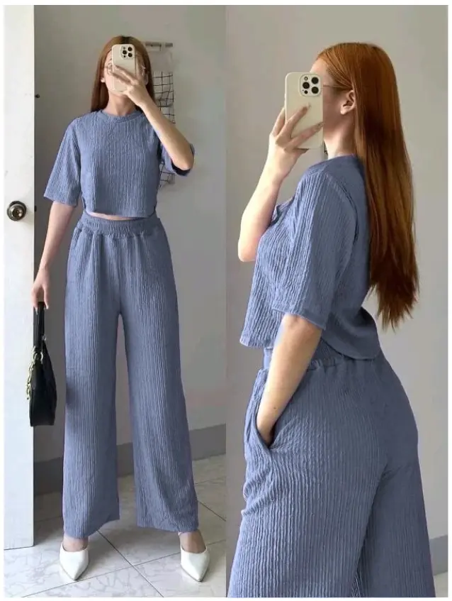 Lovely Online Elise Round Neck Croptop Bark Crepe Coordinates coord set