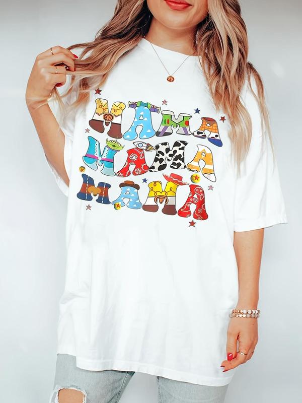 Women's "mama" Cartoon Letter Print / Plain Round Neck Drop Shoulder Tee, Casual Fashion Half Sleeve Crew Neck T-shirt for Daily Holiday Vacation Wear, Ladies Clothes for All Seasons 1