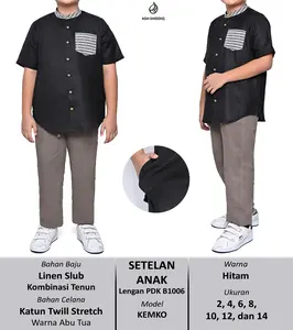 Setelan Celana Kemeja Koko Anak Usia 3~13 Tahun Lengan Pendek Warna Hitam Bahan Katun B1006