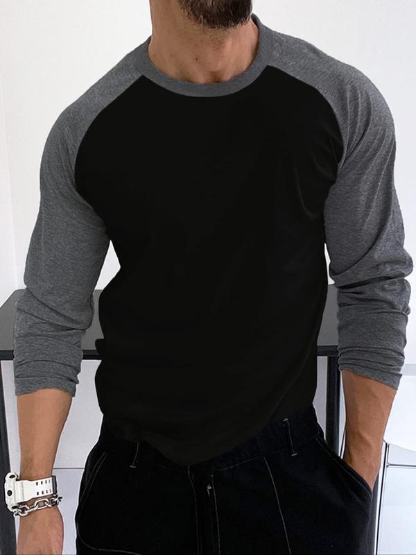 Men's Colorblock Raglan Sleeve Round Neck Tee, Casual Long Sleeve T-shirt for All Seasons, Fashion Men's Top for Daily Wear 4