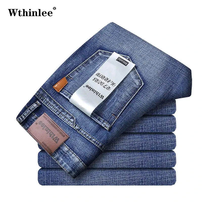 Seluar Jeans Kasual Perniagaan, Gaya Klasik, Untuk Lelaki, Fesyen Baharu 2023, Warna Biru, Slim Fit, Diperbuat daripada Denim Regangan, Seluar Tinggi, Pakaian Lelaki