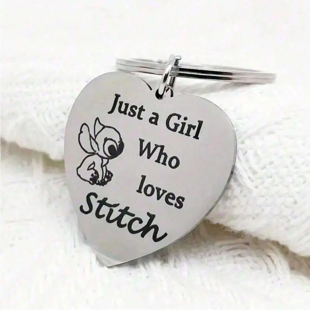 Just a Girl Who Loves-Stitch Letter Pattern Slogan Stainless Steel Keychain, Round Shaped Keychain for Car Keys, Car Interior Decoration Accessories