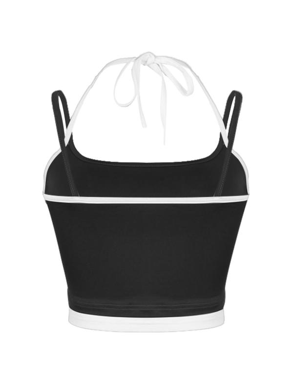 Women's 2 in 1 Colorblock Halter Neck Tie Back Crop Top, Summer Clothes, Casual Backless Spaghetti Strap Top for Spring, Women's Clothes for Daily Wear 4