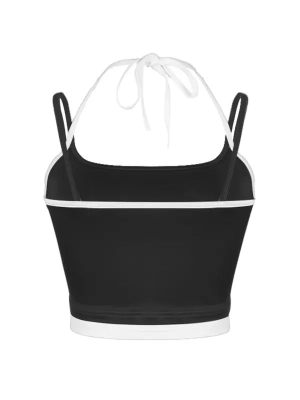 Women's 2 in 1 Colorblock Halter Neck Tie Back Crop Top, Summer Clothes, Casual Backless Spaghetti Strap Top for Spring, Women's Clothes for Daily Wear 4
