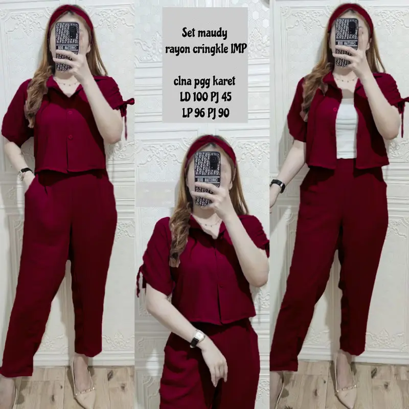Oneset Kemeja Atasan Crop Wanita Setelan Katun Crinkle Tangan Serut Army 2
