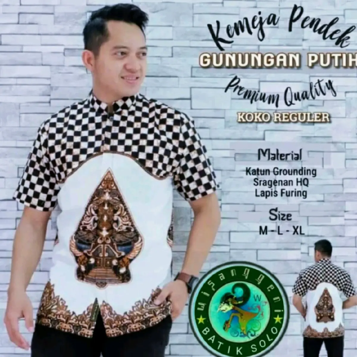 Baju Koko Pria Kemeja Batik Lengan Panjang Pendek Full Furing Batik Solo Motif Wayang Gunungan Putih