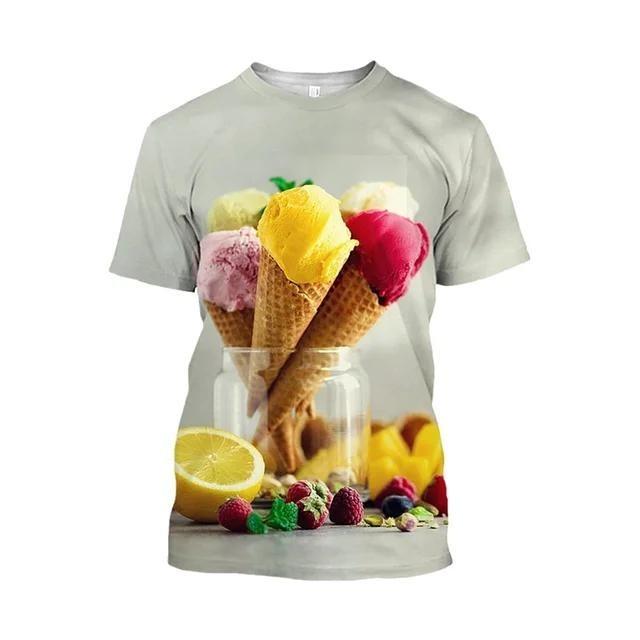 Product Introduction of Ice Cream 3D Print T-Shirt Men Strawberry Chocolate Graphic T Shirt Unisex Funny Food Casual Short Sleeve Tops Cartoon Tee Shirt 3