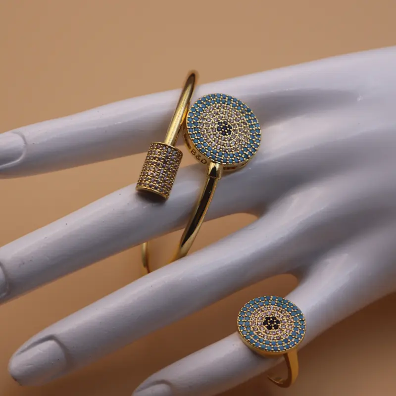 Elegant Golden Bangle with Ring - Perfect for Parties and Holidays 24K Plated, Turquoise Inlay, Alloy Construction exquisite gift delicate 2