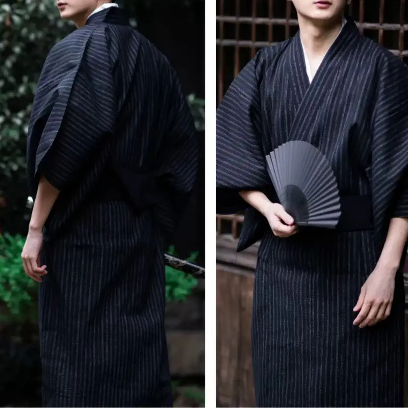Kimono Samurai Truyền Thống Nhật Bản, Màu Navy Mùa Hè Đen, Dành Cho Nam Giới, Áo Choàng Tắm Yukata, Phong Cách Rộng Rãi Hekoobi, Áo Choàng Dài Mặc Nhà Làm Bằng Bông