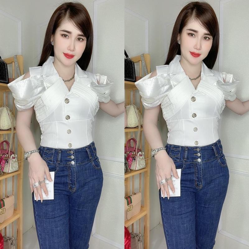 Áo sơ mi kiểu cổ vét thiết kế tay rớt bo chun thung sau lưng dễ phối đồ quần hay chân váy đều sang Nữ Women
