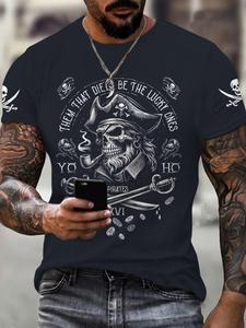 Plus Size Men's Skull Print Round Neck Tee, Regular Fit Street Fashion Casual  Comfy Short Sleeve Crew Neck T-shirt for Daily Wear, Plus Size Men's Top for All Seasons
