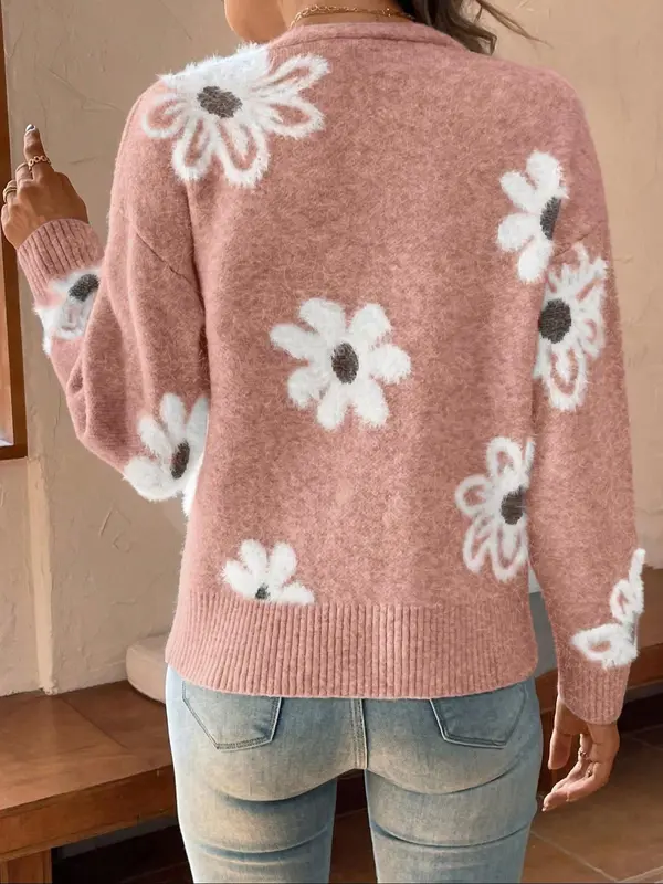 【Plus Size】 Floral Pattern Button Front Longsleeves Cardigan, Elegant Chic Casual Drop Shoulder V Neck Knitwear for Fall & Winter, Women's Plus Clothing for Daily Wear, Knitting Ladies Winter Coat, Womenswear 5