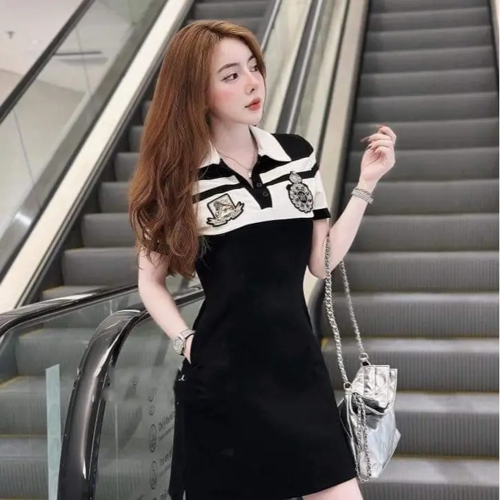 Váy nữ từ 40 tới 57kg, dáng chữ A cổ polo, có túi, chất vải day dặn co dãn thỏa mái Women Dress