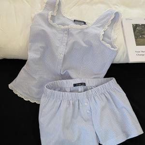 ชุดนอนสตรี สไตล์เกาหลี เสื้อกั๊ก คอปกลูกไม้ลายทาง เสื้อเบลาส์ฤดูใบไม้ผลิและฤดูใบไม้ร่วง กางเกงขาสั้นสายเอี๊ยม ชุดใส่ในบ้าน ใหม่ในปี 2568