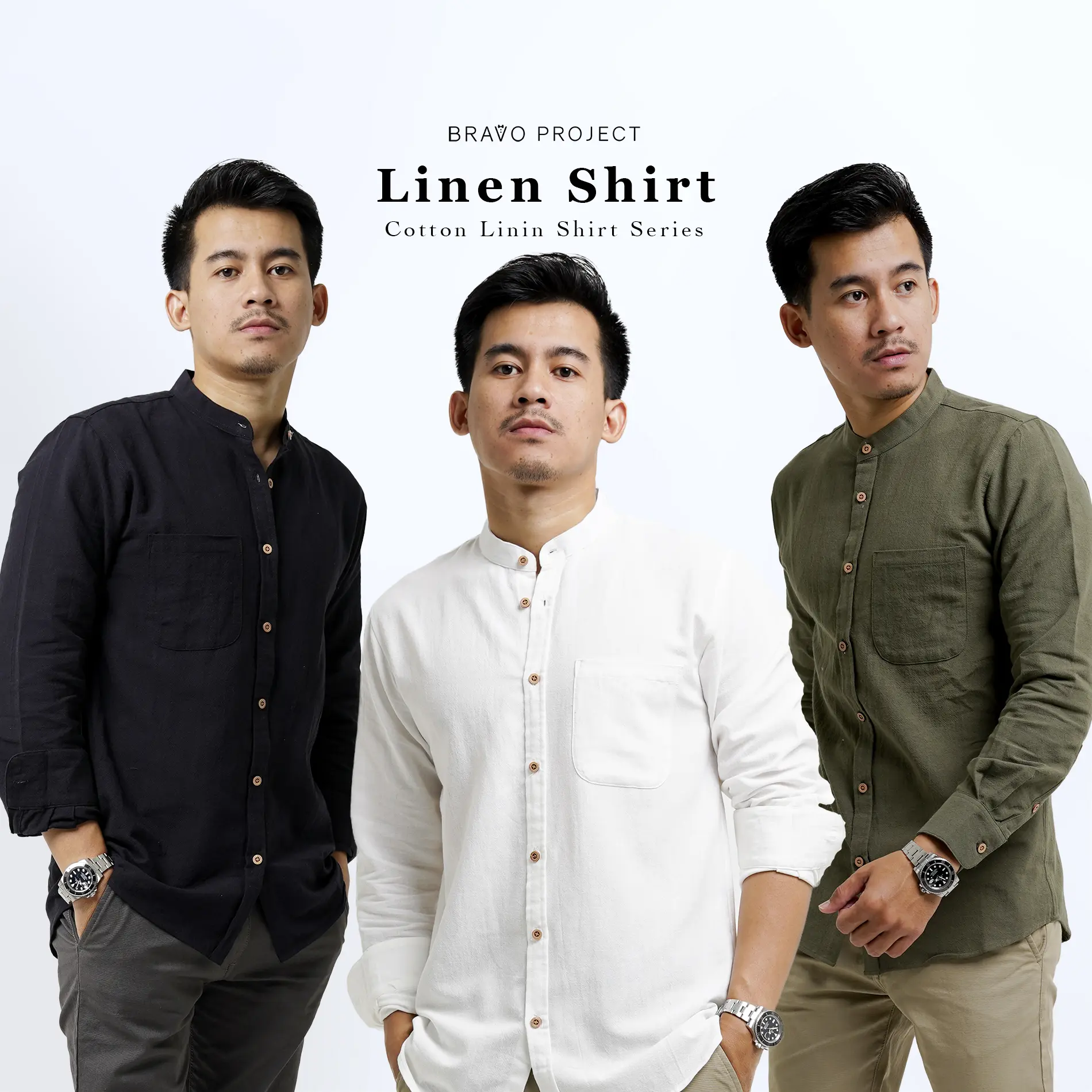 Kemeja Linen Panjang Pria Kerah Sanghai Koko by Bravo Project