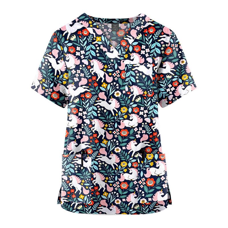 Product Introduction of Newest Fashion Unisex Nurse Doctor Uniform Workwear Scrub Top Cotton V-Neck Short Sleeves Pocket Printed T-Shirt (Size:S-XXL) 28