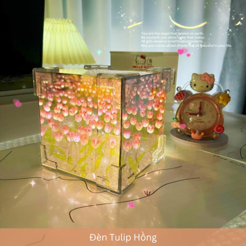 Đèn Ngủ LED Hoa Tulip Vuông Kích Thước 10x10cm Tráng Gương Handmade Quà Tặng Sinh Nhật