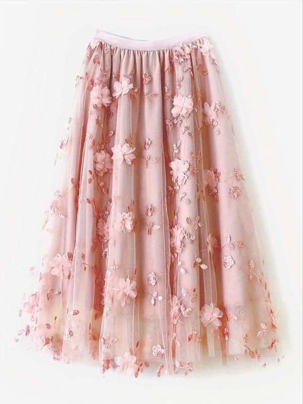 Women's Flower Appliques High Waist Tulle Skirt, Elegant A-Line Midi Skirt For Party Holiday Vacation, Ladies All Seasons Clothes, Womenswear 4